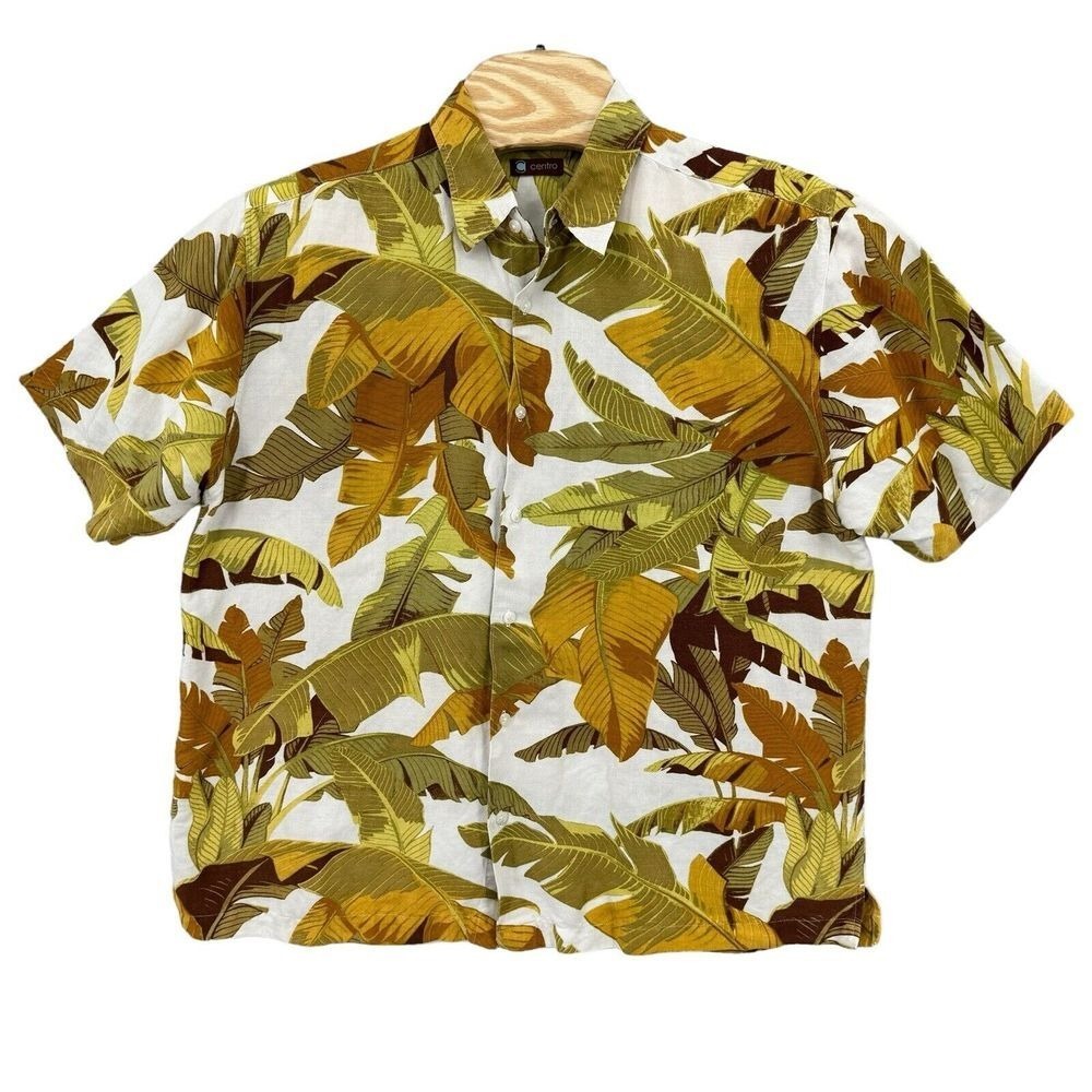 Centro‎ XL Green Floral Ramie Blend Short Sleeve Button Up Men's Hawaiian Shirt